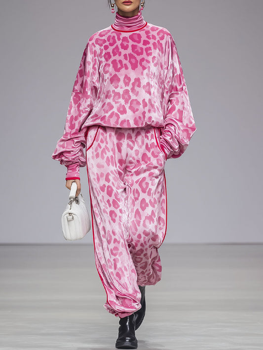 Ensemble Velours Léopard Rose : T-shirt Col Roulé à Manches Longues et Pantalon