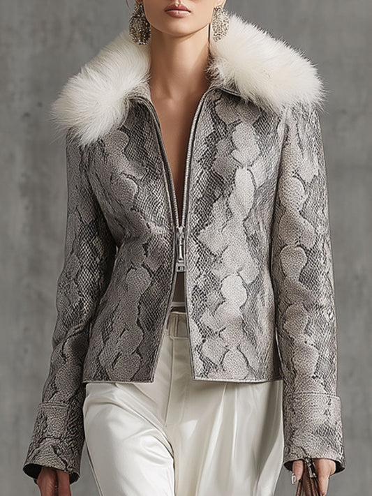 Veste Vintage en Simili Cuir avec Double Fermeture Éclair et Col en Fourrure Synthétique Imprimé Serpent Gris