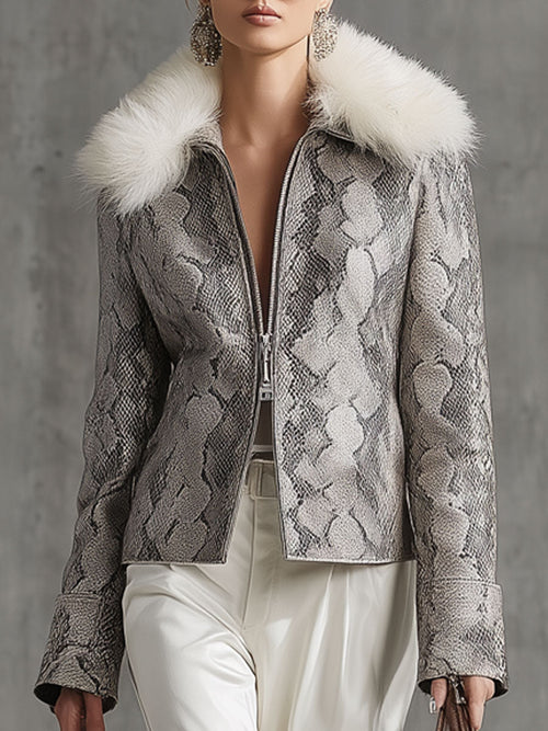 Veste Vintage en Simili Cuir à Double Zip avec Col en Fourrure Synthétique Imprimé Serpent Gris