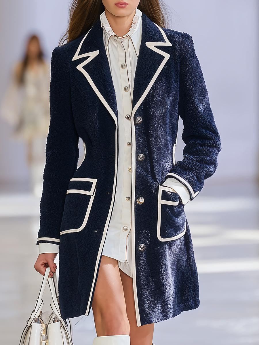 Chic Veste Bleu Marine avec Col Blanc Contrastant
