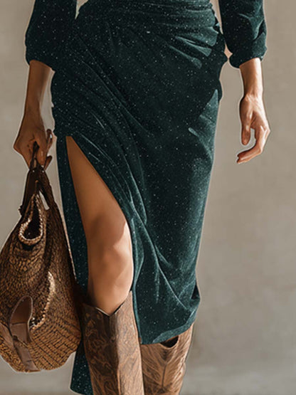 Exquise Robe Midi Longue en Stretch Émeraude Vintage à Manches Longues