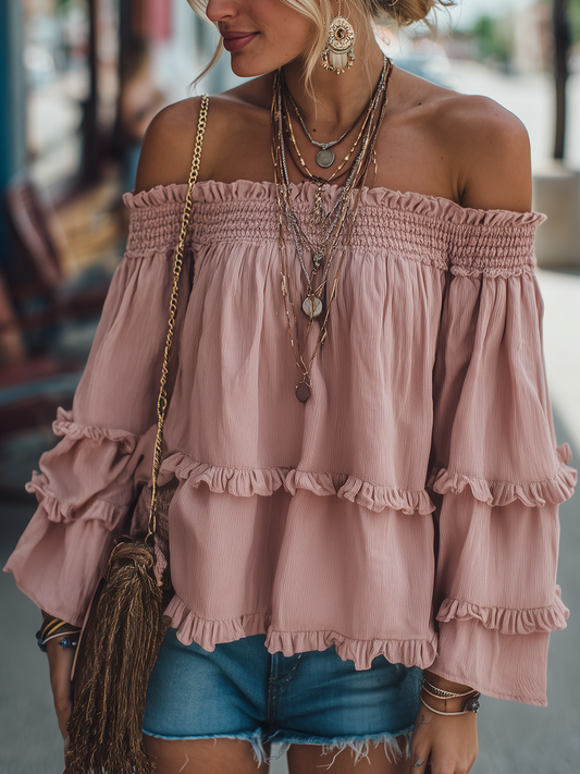 Chemise Vintage à Manches Longues et Épaules Dénudées - Livraison en 24 Heures !