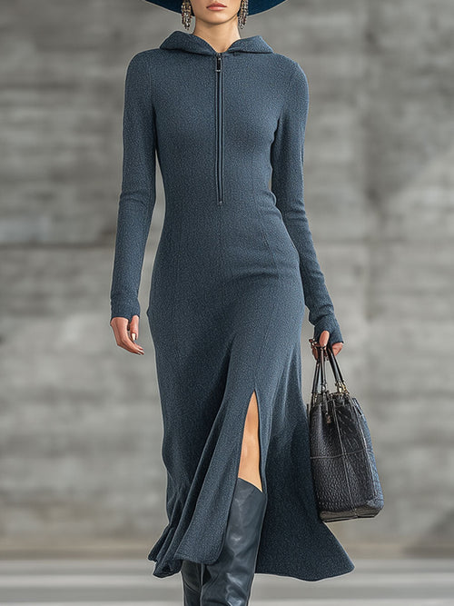 Robe Midi Vintage en Velours Côtelé Bleu Foncé avec Fente et Capuche
