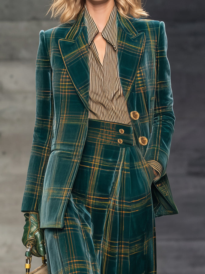 Blazer Velours à Motif Carreaux Verts Chic avec Pantalon Large Taille Haute