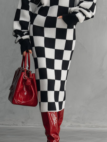 Robe Midi Tricotée à Motif Damier Noir et Blanc : Élégance Rétro et Tendance