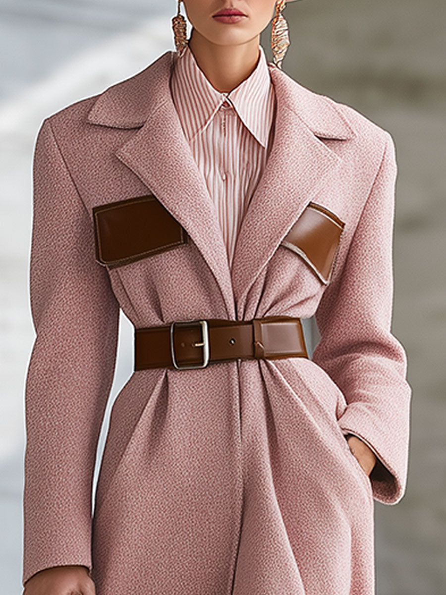 Veste en Laine Synthétique Rose avec Col en Similicuir