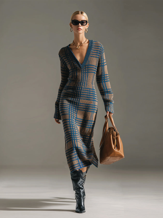Robe Midi Tricotée à Col V à Carreaux Bleu Khaki - Élégance Rétro