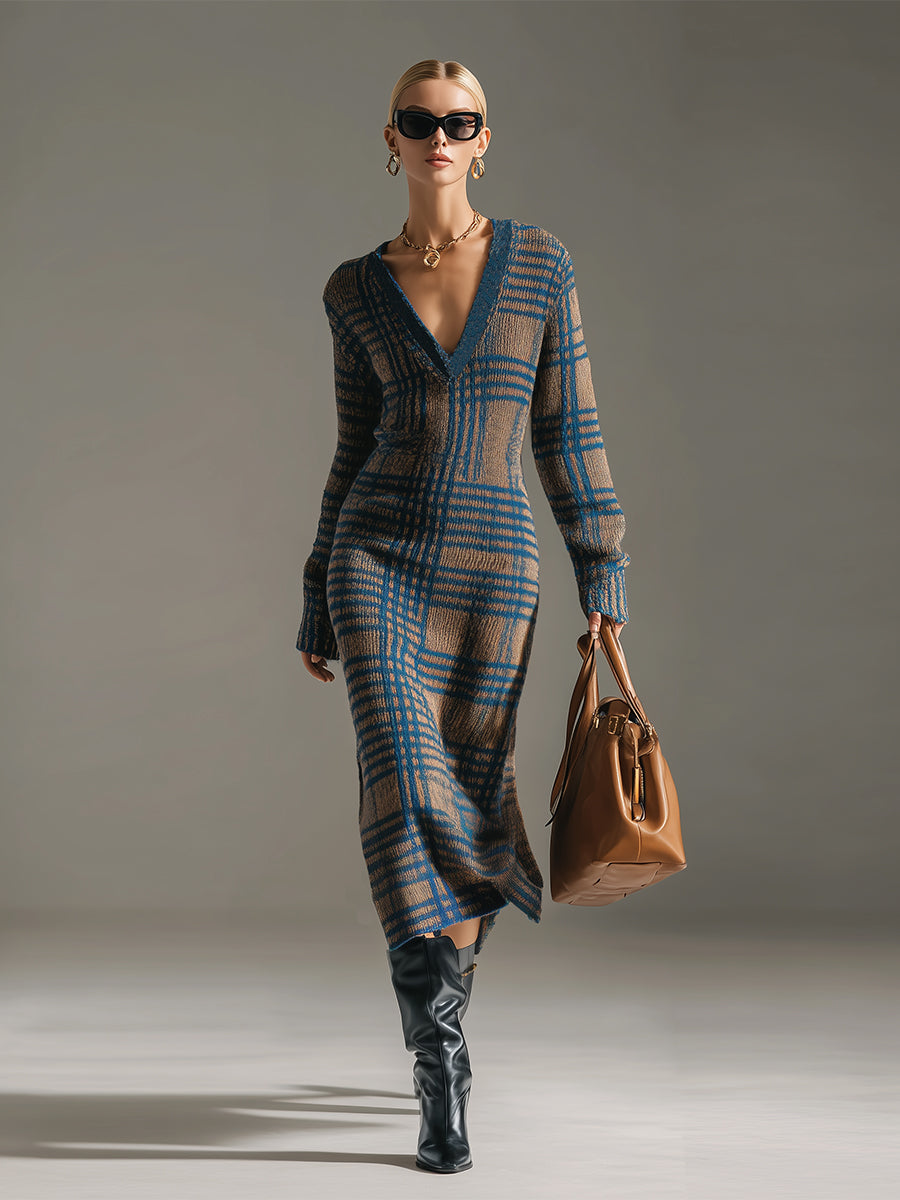 Élégante Robe Midi Tricotée à Carreaux V-Cou en Bleu Kaki - Style Rétro