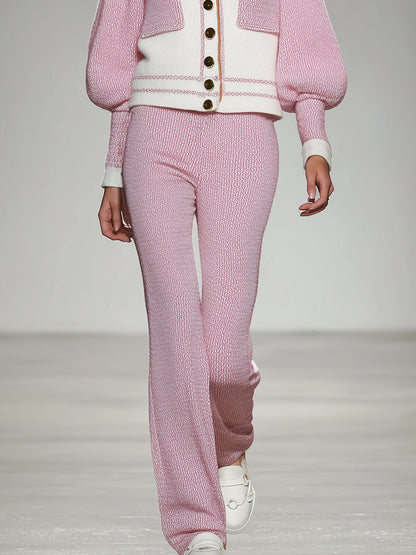 Ensemble Élégant en Tricot Blanc et Rose : Veste et Pantalon Chic et Tendance