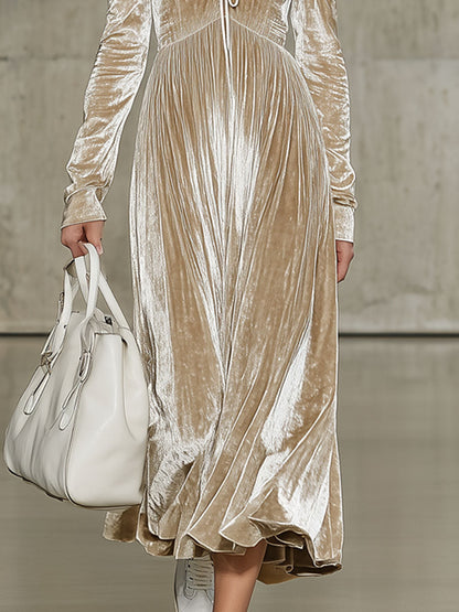 Robe Midi Velours Champagne Rétro à Manches Longues et Détails Plissés