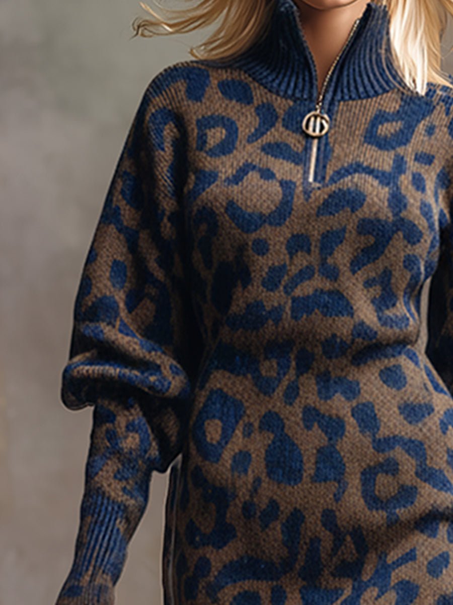 Robe Maxi Tricotée Imprimée Léopard Bleu et Marron - Style Ample et Élégant