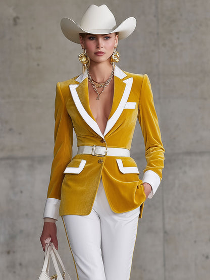 Blazer en Velours Chic avec Col Raffiné et Ceinture Distinctive