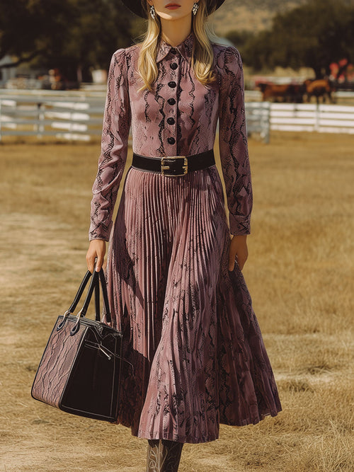 Robe Midi Plissée en Velours Violet à Imprimé Serpent - Style Rétro Nomade