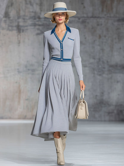 Robe Midi Tricotée Grise Rétro à Manches Longues - Élégance Vintage