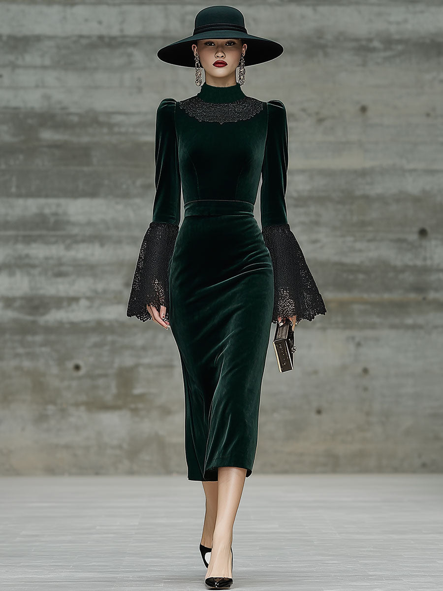 Robe Midi Vintage en Velours Vert avec Détails en Dentelle