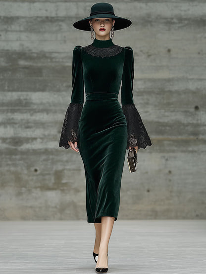 Robe Midi Vintage en Velours Vert avec Détails en Dentelle