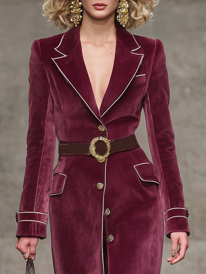 Veste Vintage Western en Velours Rouge Framboise avec Col Notch et Détails en Bordure Blanche