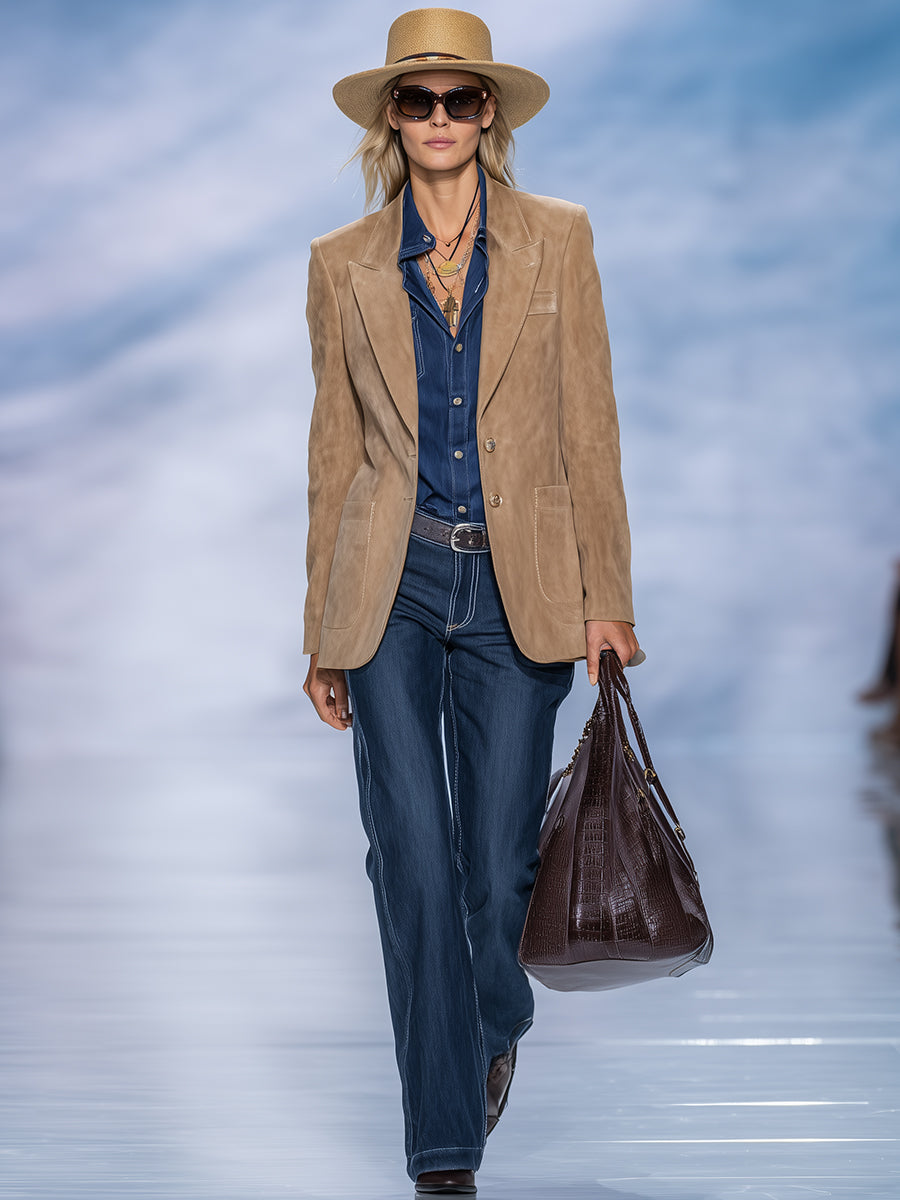 Chic Décontracté : Blazer Vintage en Suédine Kaki