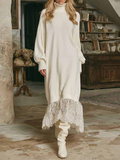 Robe Maxi Tricotée Blanche avec Élégant Col en Dentelle en Forme de Feuille de Lotus