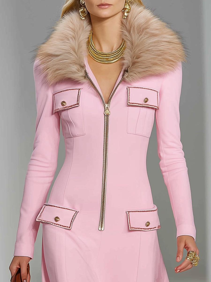 Robe Maxi Rose à Col en Fourrure Rétro Style Western