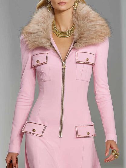 Robe Maxi Rose à Col en Fourrure Rétro Style Western