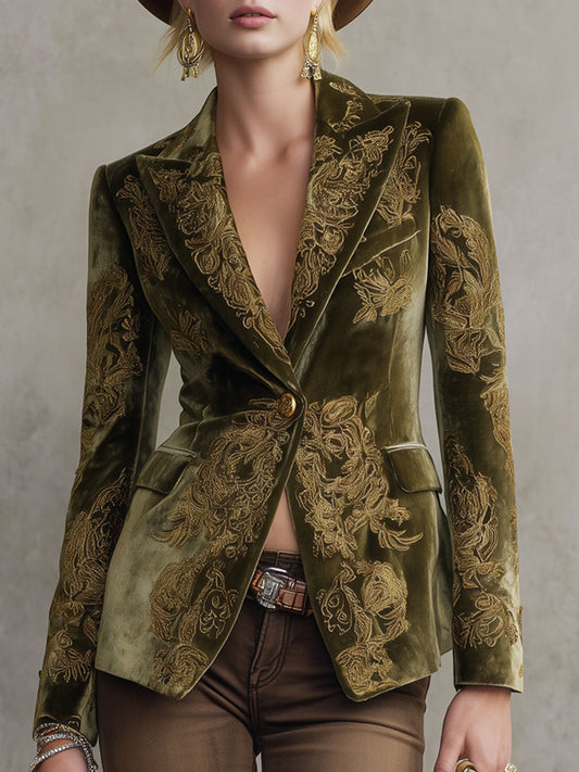 Veste en velours floral rétro à bouton – Élégance décontractée