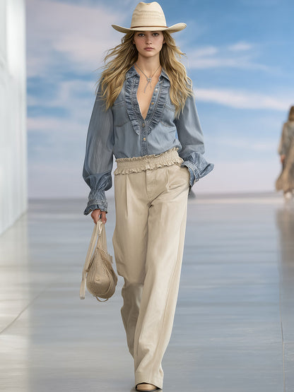 Chic Khaki Wide-Leg Casual Pants with Flounce