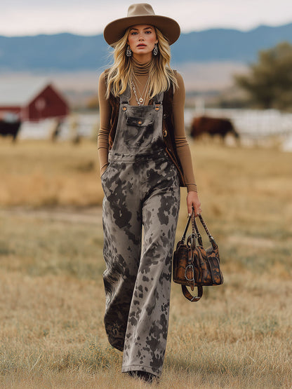 Salopette Grise en Faux Suède à Motif Vache - Style Rétro Western Nomade