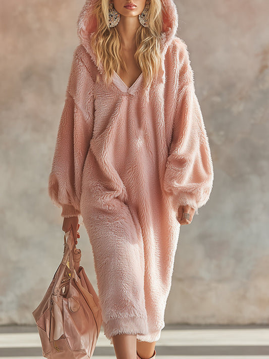 Robe Midi Flanelle Rose : Confort Décontracté avec Capuche et Manches Longues