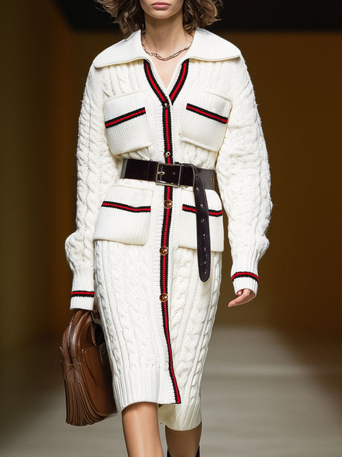 Trench en Tricot à Col Oversize avec Poches Multiples et Ceinture