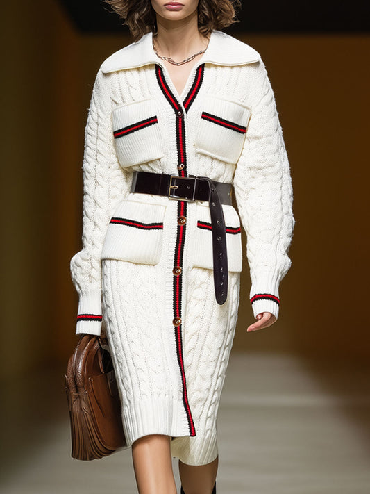 Chic Long Cardigan Tricoté avec Poches Multiples et Col Ceinturé