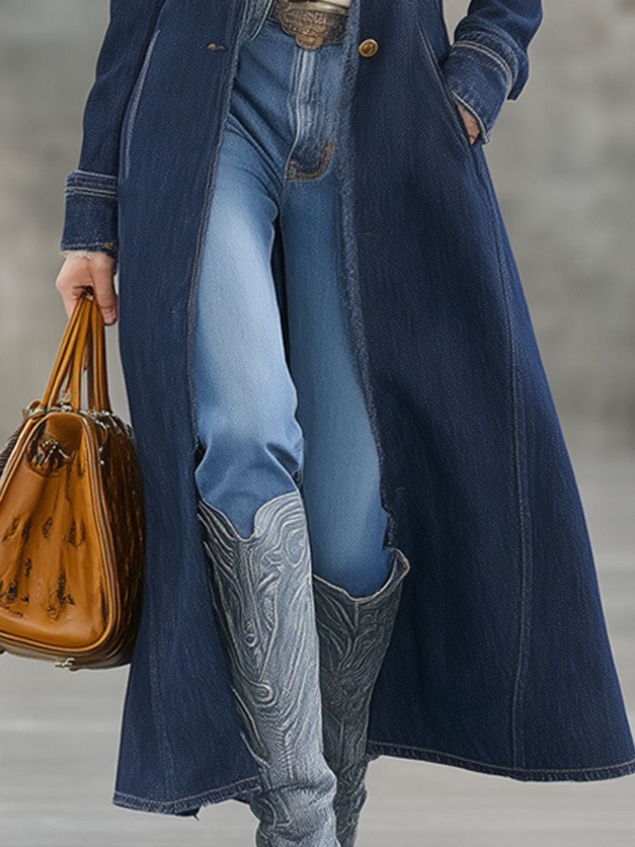 Longue Manteau en Jean Bleu Foncé avec Col et Bordure en Fourrure Rétro