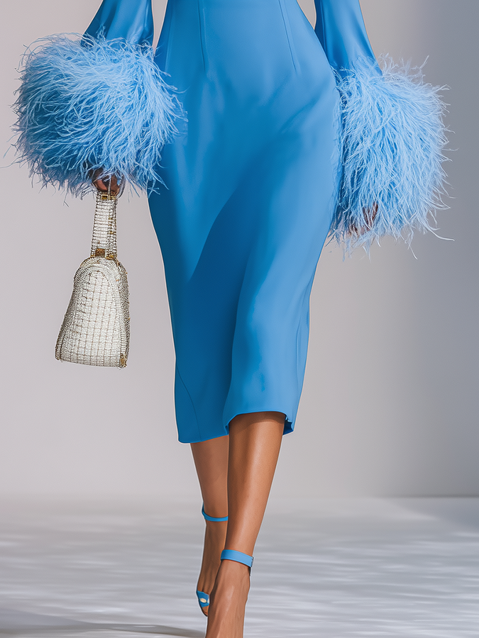 Robe Midi Chic à Manches Off-Shoulder Agrémentées de Plumes