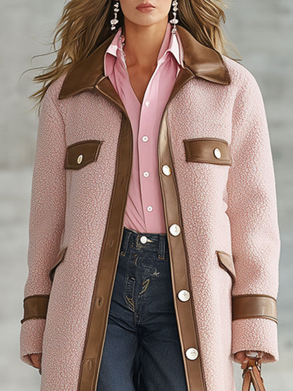 Long Rose en Polaire avec Accents Marron PU au Style Western Vintage