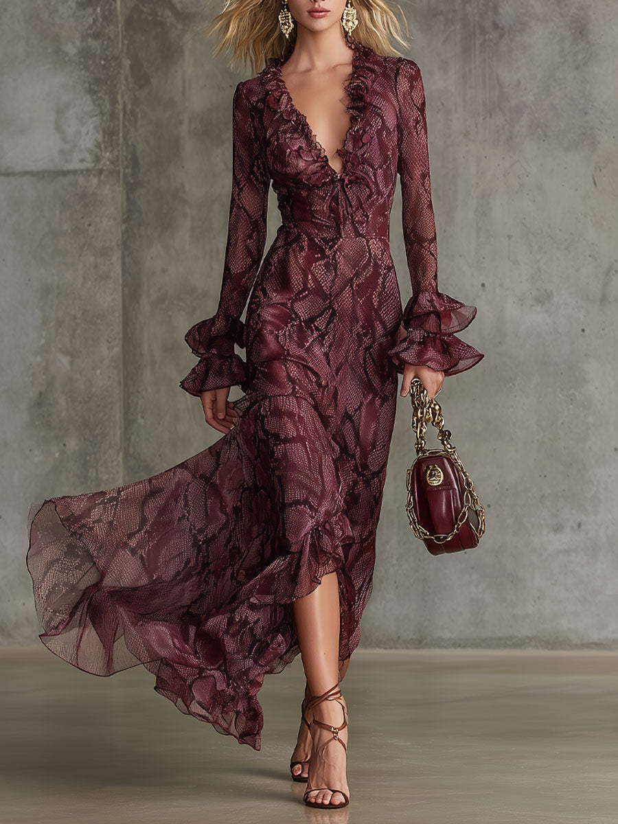 Élégante Robe Maxi Longue en Chiffon Éléphant avec Motif Serpent Bordeaux