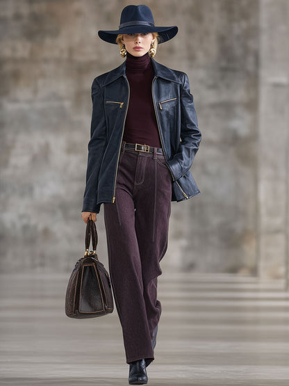 Veste Vintage en Simili Cuir Marine à Zip