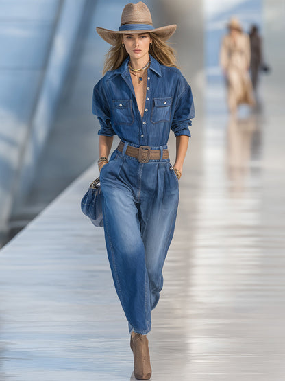 Ensemble Décontracté en Denim Bleu avec Pantalons Amples