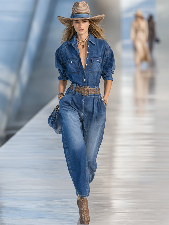 Ensemble Décontracté en Denim Bleu avec Pantalons Amples