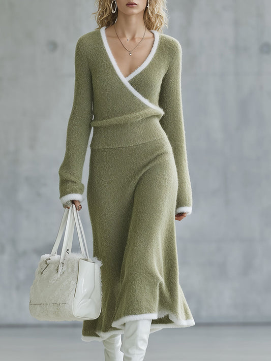 Ensemble Rétro en Laine Tricotée : Jupe Longue et Pull Vert Clair