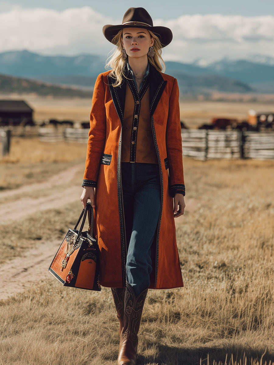 Veste en faux suède orange au style rétro western avec bord noir