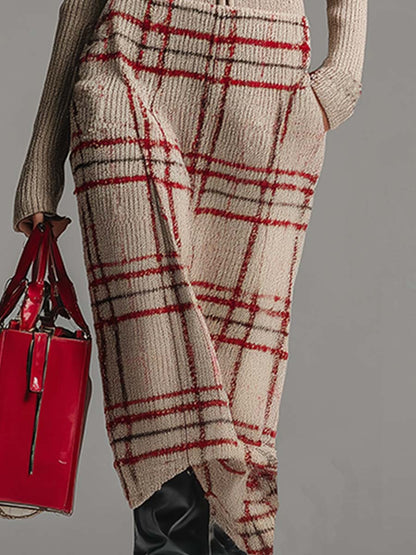 Robe Midi Vintage Abricot à Carreaux Élégante avec Zip