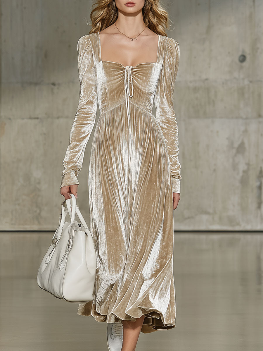 Robe Midi Velours Champagne Rétro à Manches Longues et Détails Plissés