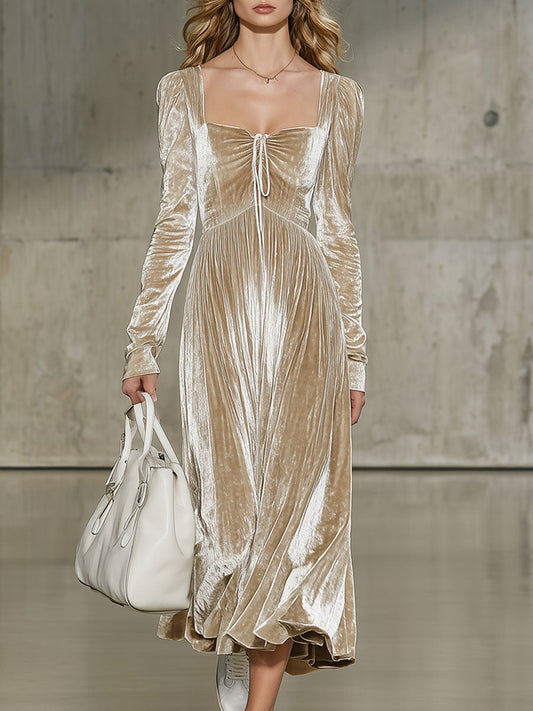 Robe Midi Velours Champagne Rétro à Manches Longues et Détails Plissés