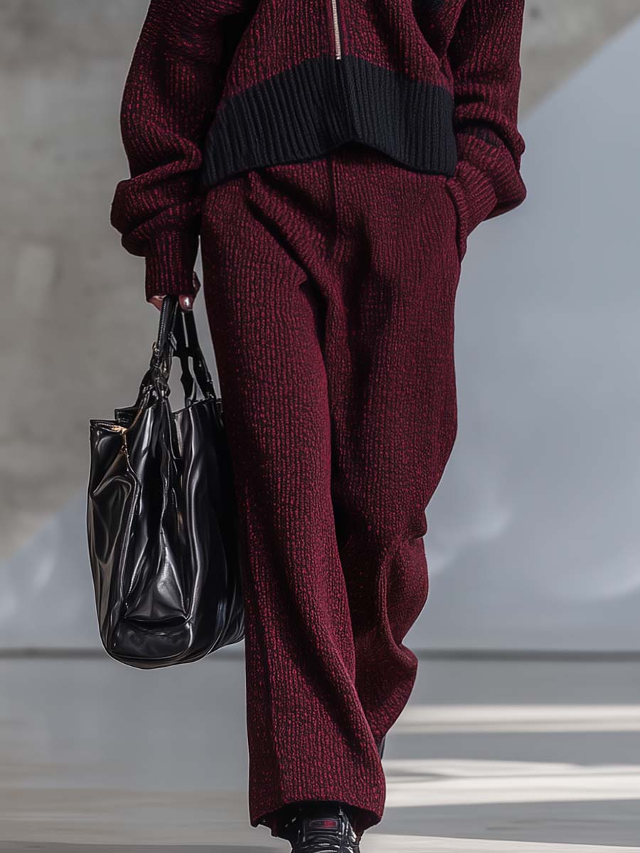 Ensemble Tricot Bordeaux Élégant : Veste Zippée, Col Chic, Top Convertible et Pantalon