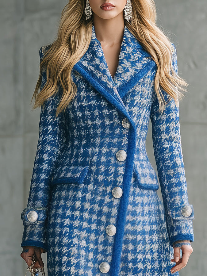 Chic Long Houndstooth Coat in Retro Blue