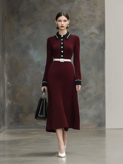 Robe Maxi en Angora Rouge avec Détails Noirs