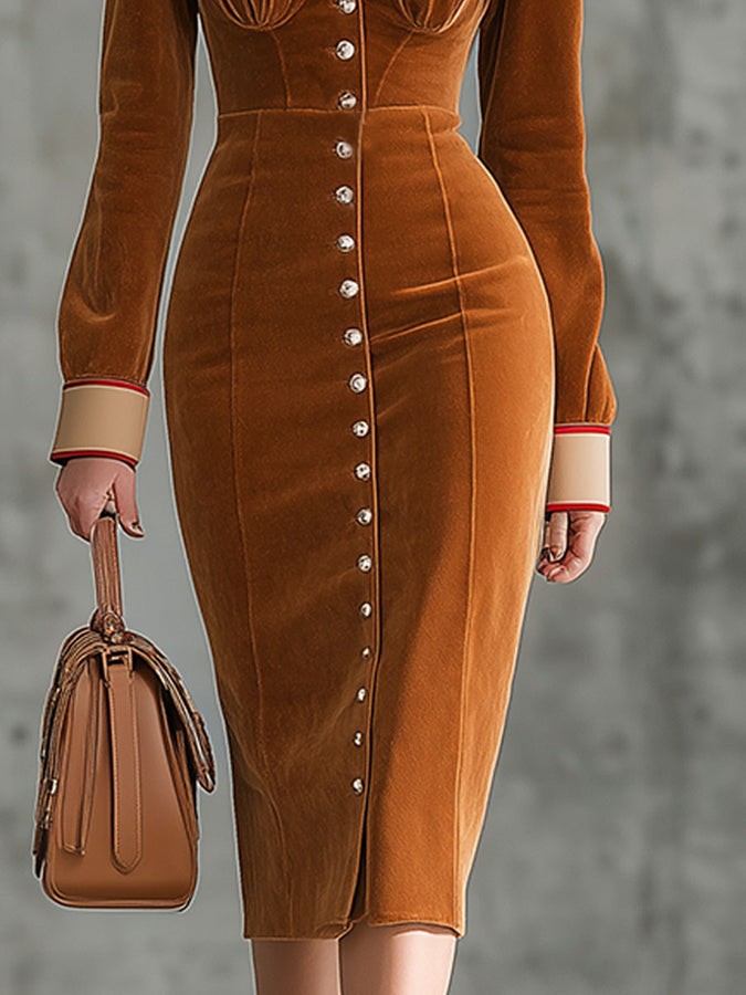 Exquisite Brown Caramel Velvet Midi Dress with Faux Leather Accents