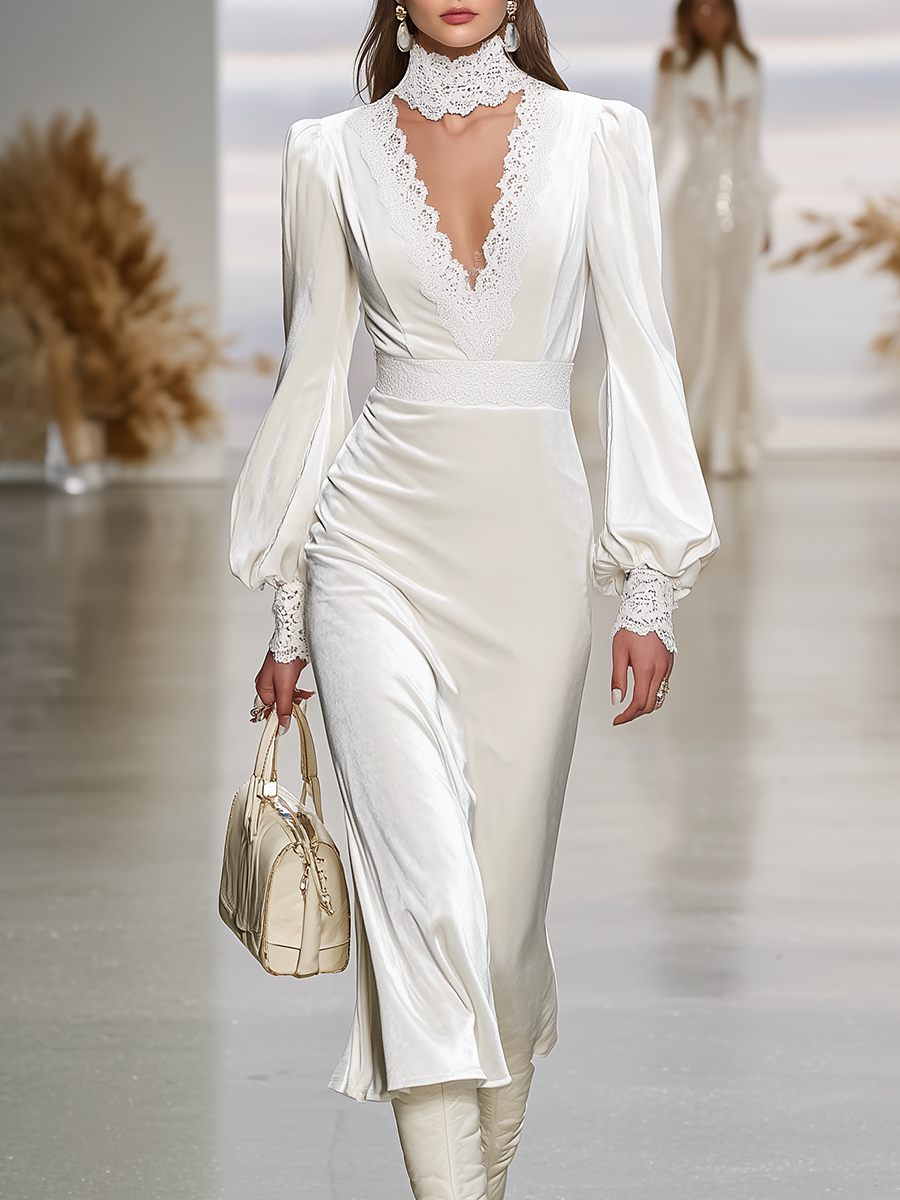 Robe Maxi en Velours Élégante avec Détails en Dentelle Rétro, Col en V et Manches Bouffantes
