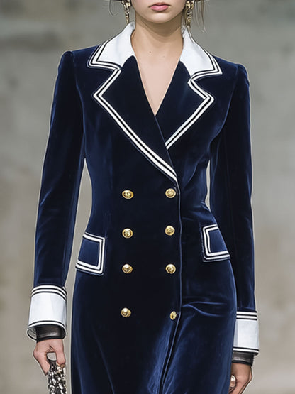 Robe Midi en Velours Marine à Volants avec Détails Blancs - Élégance Rétro Décontractée