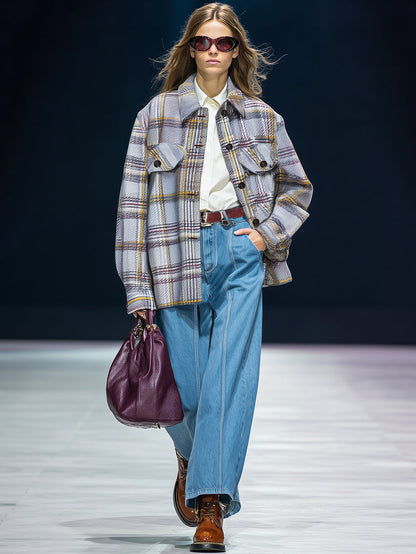 Chic Blazer Décontracté à Carreaux Gris et Jaune